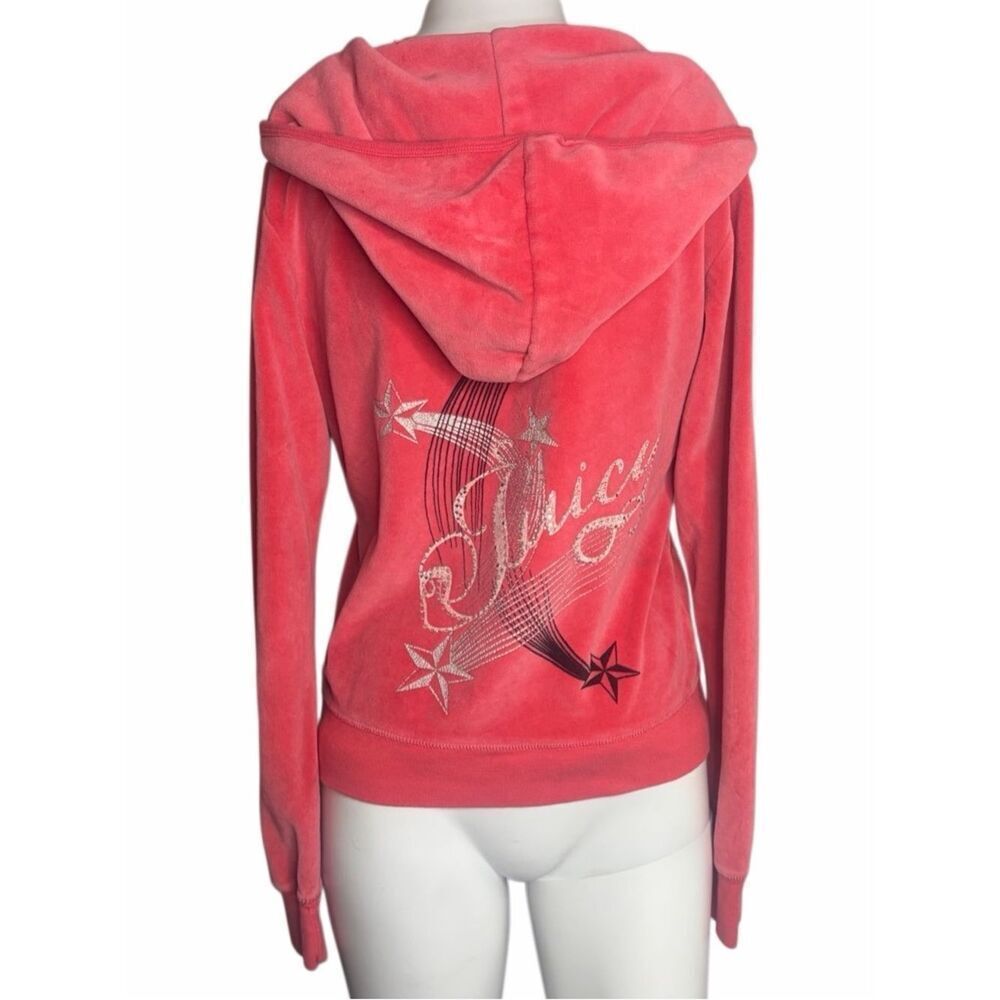 VINTAGE Juicy Couture Coral Pink Velour Hoodie with Back Crystal Logo